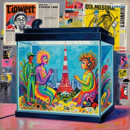 acrylic painting of an aquarium in tokyo, mixed media collage by basquiat and jackson pollock, maximalist magazine collage art, retro psychedelic illustration