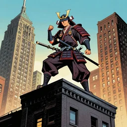 A comic book art style image of a samurai on top of a building in new york.