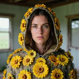 closeup portrait of a woman wearing a hooded cloak made of zinnias and barbed wire, in a derelict house, by Terry Richardson, natural light, detailed face, CANON Eos C300, ƒ1.8, 35mm, 8K, medium-format print