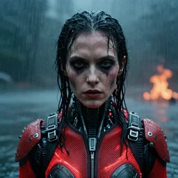 cinestill 5 0 d candid photographic portrait by helen levitt of a evil looking cyborg wearing rugged neon red mesh techwear in treacherous waters, extreme closeup, modern cyberpunk moody depressing cinematic, pouring rain, fire in the background, 8 k, hd, high resolution, 3 5 mm, f / 3 2, ultra realistic faces, ex machina