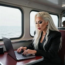 Lady Gaga riding inside of a ferry works on a laptop writing code