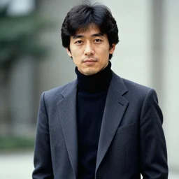 1980s photo of a japanese man wearing a suit and turtleneck