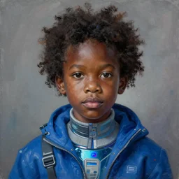 a realistic painting of an african kid with cyberpunk and afrofuturist blue clothes, highly detailed, afrofuturist, cyberpunk, photorealistic.
