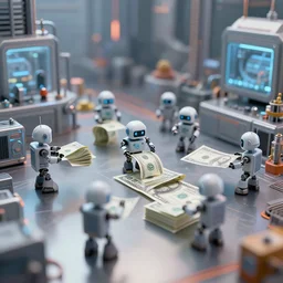 tiny robots making paper money in a sci - fi factory, photo