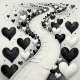 a collision of exploding black hearts and white hearts in impressionist form of an endlessly long and winding path through an fantasy village, vivid vibrant geometric art nouveau. trending on pixiv and artstation. an absurdly detailed oil painting by a top trending artist