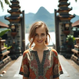 emma watson wearing batik bali in bali. iconic place in bali. front view. instagram holiday photo shoot, perfect faces