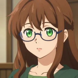 key anime visual of a beautiful girl with brown hair and green eyes, wearing glasses, trending on Artstation; detailed