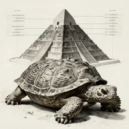 pyramid ziggurat built around atop a gigantic reptile tortoise highly detailed concept art schematic, Laurie Greasley