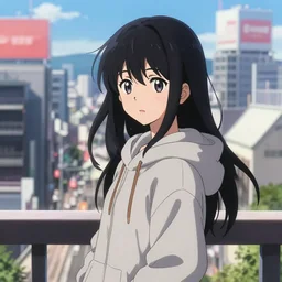 black haired girl wearing hoodie, city cityscape, anime epic artwork, kyoto animation, key visual, 4 k, highly detailed