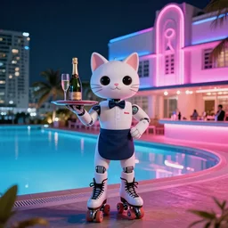 an attractive cat robot waitress on rollerblades with a tray with a champagne bottle and two champagne glasses, scene is a futuristic cocktailbar next to an infinitypool outside in a miami art deco hotel, nikon photography, 3 5 mm, at night with pink and blue neon light, hyperdetailed, funny, caricature