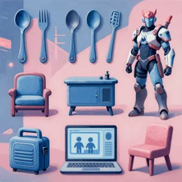game asset of cyberpunk city street utensils and furniture decoration, in gouache detailed paintings, props, stylized, 2 d sprites, kitbash, arcane, overwatch, blue and pink color scheme, 8 k, close up