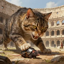 giant ferocious cat eating an armored mouse, in the colosseum, art by artgerm and greg rutkowski and magali villeneuve, d & d, fantasy, highly detailed, digital painting, trending on artstation, concept art, sharp focus, illustration