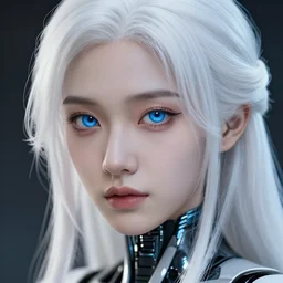 detailed portrait of perfect white haired girl, android, beautiful, pretty face, blue cyborg eyes, innocent, scifi, 4 k, sun yunjoo, ultra realistic, highlights, cinematic lighting, highly detailed, sharp focus, artstation, masterpiece, art by hyungjin yang and akihiko yoshida