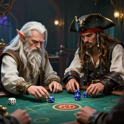 a white haired dwarf and a pirate halfling gambling with dice near a creak, craig mullins, wlop, highly detailed, colorful, unreal engine, octane render, dramatic lighting, cinematic composition,