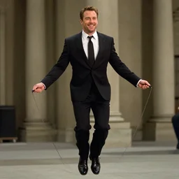 clean-shaven Jon Favreau as Happy Hogan wearing a black suit and black necktie jumping rope cinematic 35mm film still from 2009