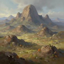 The Troll Teeth. Mountain range, low mountains with rocky hills at their base, which from a distance look like the earth has a warty rash there. a fantasy digital painting by Greg Rutkowski and James Gurney, trending on Artstation, highly detailed