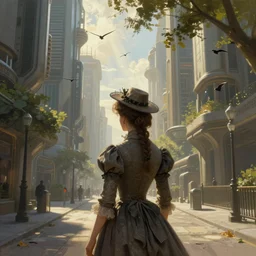 portrait of a victorian lady in a futuristic city, from behind, streets, birds in the sky, sunlight and rays of light shining through trees, tall buildings on the sides, beautiful, solarpunk!!!, highly detailed, digital painting by Donato Giancola, Michael Garmash