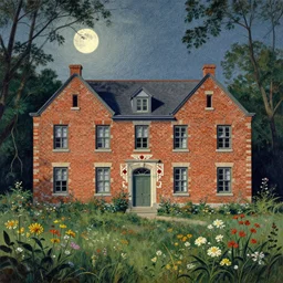 a brick house, 1 9 7 0 s, seventies, delicate embellishments, a little blood, woodland, moonlight shining on wildflowers, painterly, offset printing technique, by alexandre cabanel
