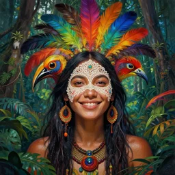 a reality bending psychedelic ayahuasca experience, colorful, distorted, surreal, tropical bird feathers, native girl smiling in jungle, au naturel, dramatic lighting on the face, intricate lace, highly detailed, digital painting, concept art, smooth, sharp focus, illustration, art by krenz cushart and wayne barlowe and alphonse mucha