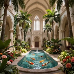 grand cathedral interior with koi pond in the middle surrounded by palm trees, ivy, flowers, tropical plants, roses, and with archways, rendered in octane render with photorealistic cinematic volumetric lighting, cinematic, symmetrical down vertical center