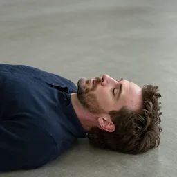 bryan cranston with grown hair on top of his head and a beard, laying on his back at smooth concrete floor, digital art