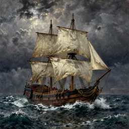 dark and stormy night on the open sea, waves crashing over 17th century schooner, oil painting, atmospheric