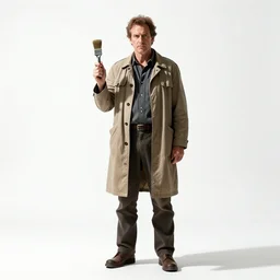 stern archaeologist with brush, cinematic studio photo, full body, standing, isolated on a pure white background, centered, whole figure in frame, sharp focus, studio lighting