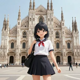 “anime girl in front of the duomo cathedral in Milano, pixiv anime”