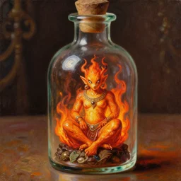 a tiny realistic proportioned fire genie, sitting down inside a glass bottle. beautiful, ornate detailed painting by artgerm and magali villanueve and michael whelan