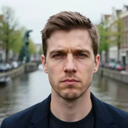 closeup portrait of unamused man, background loch ness monster in an amsterdam canal, photograph, natural light, sharp, detailed face, magazine, press, photo, steve mccurry, david lazar, canon, nikon, focus