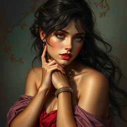 an intricate painting of an artistic pose beautiful young lady muse with an artistic pose, hyper - detailed, octane render, vivid colors, artstation, by jeremy mann, by alphonse mucha, by boris vallejo, by gustav klimt