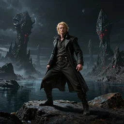 An epic majestical degen trader in a dramatic pose on a dark planetary exotic landscape with a dark lake and rocks, by Wayne Barlowe, by Bruce Pennington, by Paul Lehr, by HR Giger, masterpiece, trending on artstation, top on pixiv, cinematic composition, astrophotography, beautiful aesthetic lighting, artgem, concept art, sharp, details, details, hyper-detailed, no frames, 8K