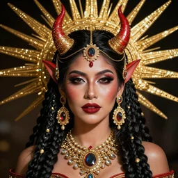 hyper realistic portrait photo of beautiful mexican demon, portrait shot, intricate detail, glittering sun rays