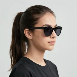 Portrait of a woman wearing sunglasses, ponytail hair, by Mandy Jurgens