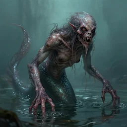 creepy humanoid merfolk monster, slimy, wet, disturbingly long fingers, crawling up from shallow water, atmospheric, highly detailed, illustration, concept art, scary