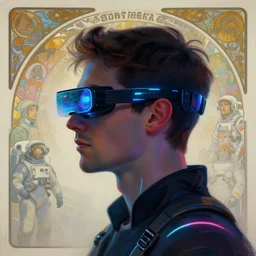 sillouete side view future coder man, sleek cyclops display over eyes and glowing headset, neon accents, holographic colors, desaturated headshot portrait digital painting by herbert bayer, alphonse mucha, donato giancola, john berkey, dean cornwall, alex grey, tom whalen, astronaut cyberpunk electric lights profile