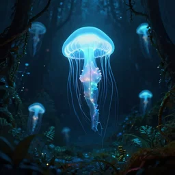 floating luminescent jellyfish in an alien nocturnal jungle, matte painting, landscape, mysterious