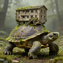 a moss covered huge ancient turtle carrying a building, greg rutkowski, 8 k, shallow depth of field, intricate detail, concept art,