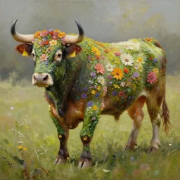 beautiful oil painting depicting a scene with a bull who's skin completely covered by flowers and plants, fullbody shot, high details, trending on artstation