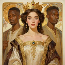 portrait painting of a stunning proud empress, artstation, mymodernmet, by amir ershadi, by ben enwonwu, by alphonse mucha, by soey milk, gold foil aureola, black dress of iridescent feathers, high neck collar, divine, saint, mixed media