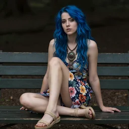 dslr photo of a pretty young woman, full bodied portrait, with blue hair, sitting on a bench wearing a flower skirt, and body and wearing hemp sandals and a very detailed faerie necklace around neck, artgerm, artstation, very high quality face, highly textured skin, extremely high quality, moody lighting, real camera, real photo, photography by deviantart, 8 k, full subject in shot