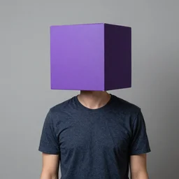 a man with a purple cube for a head