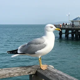 a photo still of steven seagull at the pier next to the ocean