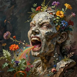 the broken face of psychosis with destructive rage, made of stone and wood, is vomiting multicolored herbs and flowers, conceptual surreal magic realism conceptual art