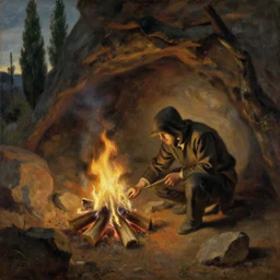 hermit making a fire in a cave. cypresses outside. painting by gertrude abercrombie