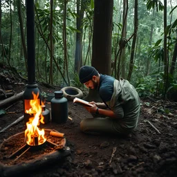a man writing a book in a rainforest next to stoves and mud