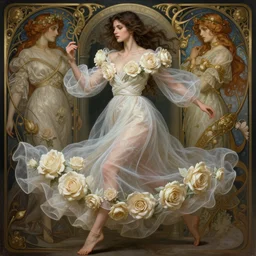 woman dressed in a vaporous wrapped large  victorian cream roses silk semi-transparent dress fashion is running  D&D, fantasy, intricate, elegant, highly detailed, digital painting, artstation, concept art, matte, sharp focus, illustration, art by Artgerm and Greg Rutkowski and Alphonse Mucha