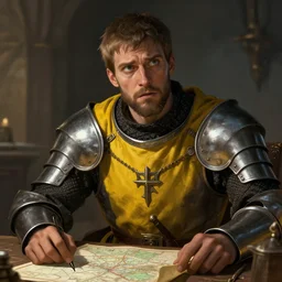 Closeup of frustrated male medieval sergeant with a {short} beard wearing a {black!!!! and yellow tabard} over a steel breastplate and a black gambeson looking up from a map on a table, intricate, dramatic lighting illustration by Greg Rutkowski, ArtStation, digital art, fantasy