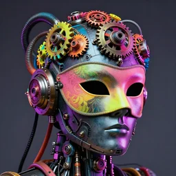 portrait photo of a futuristic steam punk robot head wearing a venician mask with mulitcolored gears and tubes and cables, 8 0 mm, crisp, fluorescent colors, insanely detailed, masterpiece, 8 0 mm