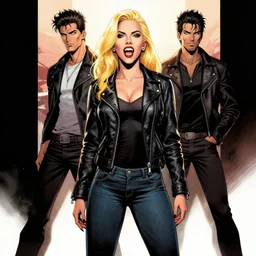 rafael albuquerque comic art, peter mohrbacher, steve niles, artgerm, pretty scarlett johansson vampire sharp vampire teeth open mouth, symmetrical eyes, black leather jacket, jeans, long blonde hair, full body